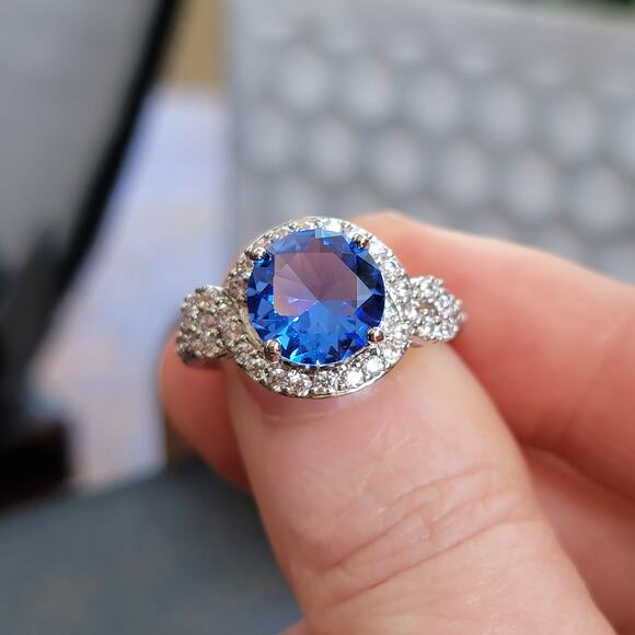 Rhodium Plated Simulated Blue Sapphire Ring - Elegant Statement - Size 10 - Picture 8 of 10